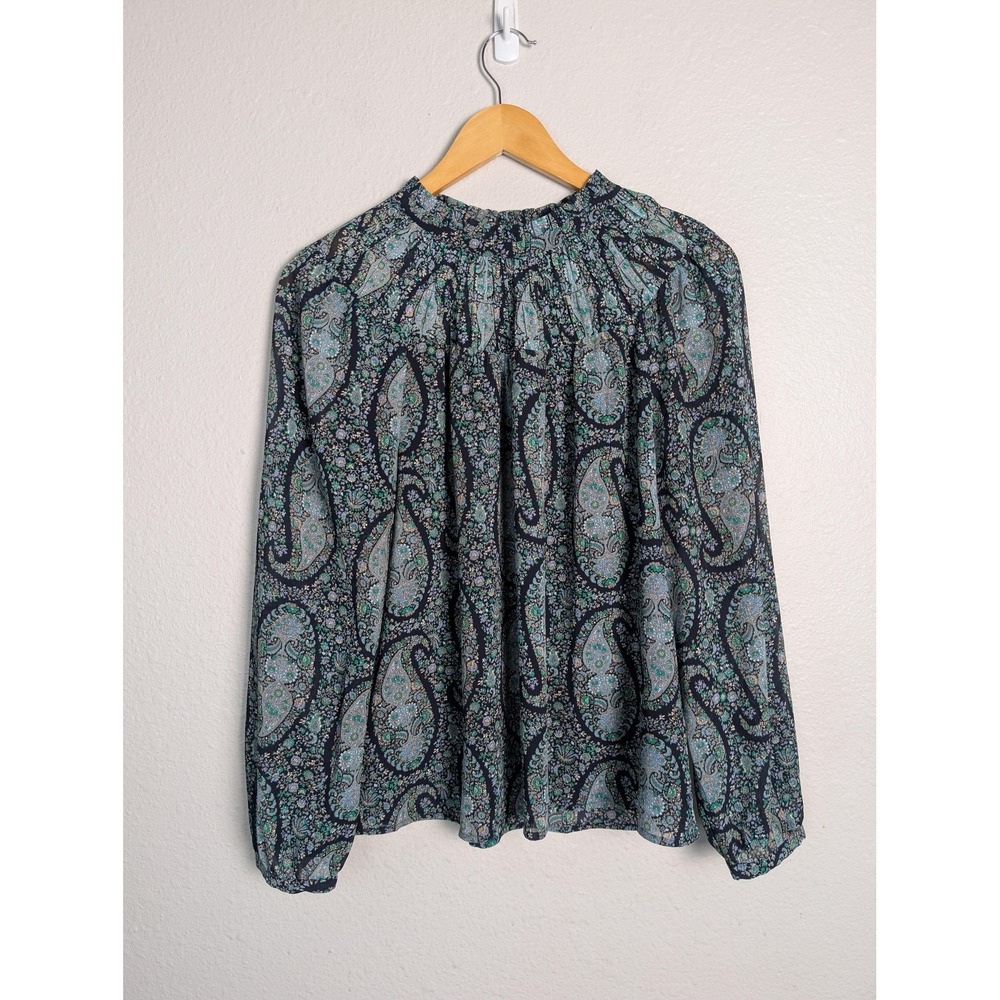 J.CREW Blouse Womens M Blue Paisley Mock Neck Keyhole‎ Long Sleeve Chiffon Lined